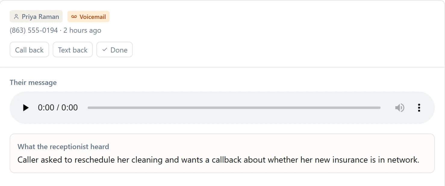 An inbox item from Priya Raman with call back, text back and done buttons, the recording, and what the receptionist heard: the caller wants to reschedule her cleaning and asked about her new insurance.
