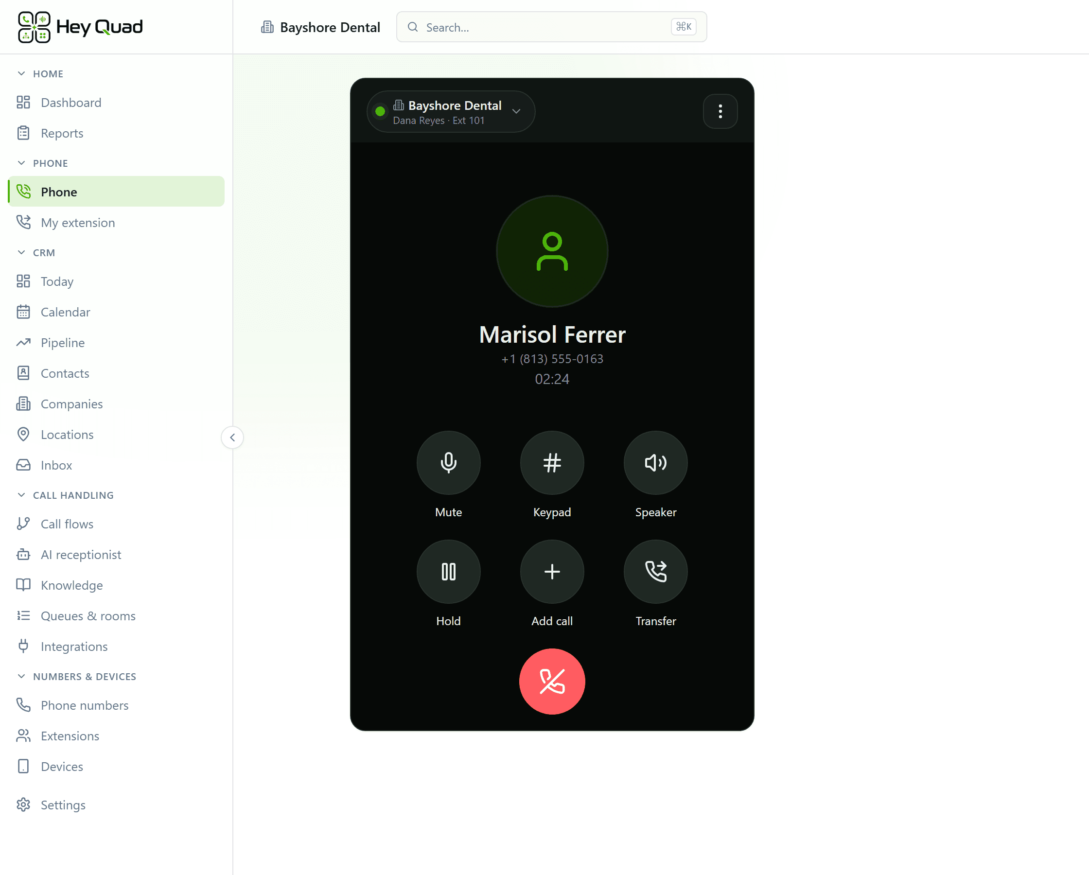 The Hey Quad browser softphone on a connected call with mute, keypad, hold and transfer controls.